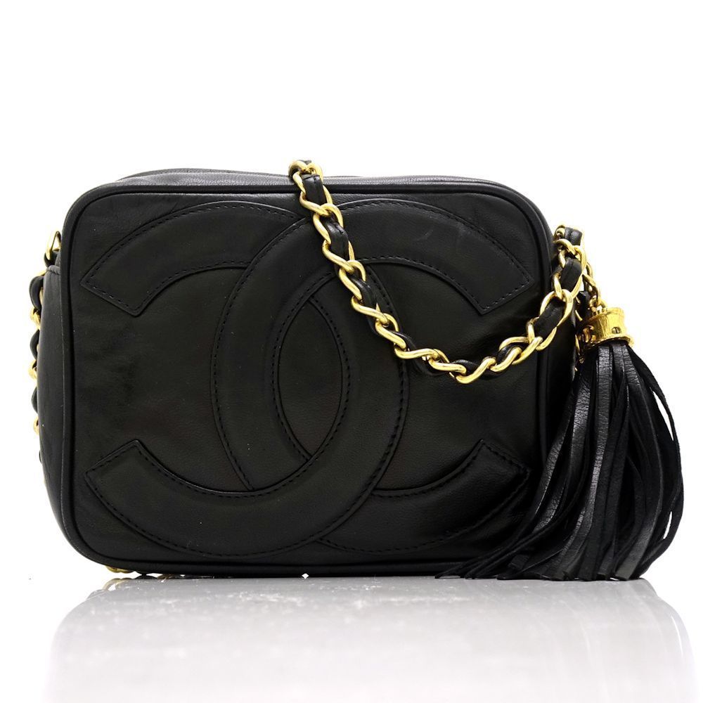 Chanel Chain Shoulder Bag Leather Black Fringe